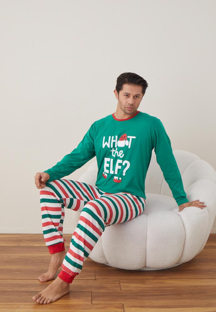 Pijama barbati Craciun "WHAT the ELF?" , maneca lunga ,pantaloni lungi,Culoare Verde ,Engros